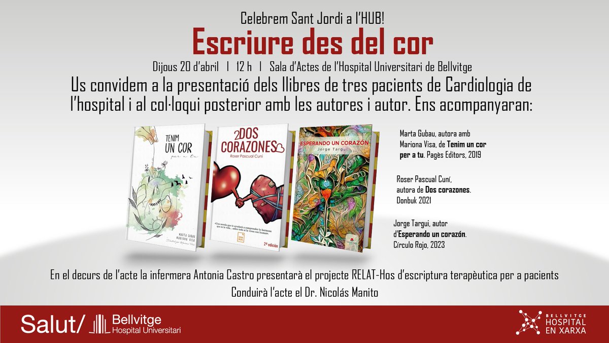Hospital Universitari Bellvitge | HUB (@hbellvitge) on Twitter photo Demà us esperem a les 12h a la presentació dels llibres de 3 pacients cardíacs #hbellvitge. El programa <a href="/liniadeservei/">linia de servei</a> <a href="/etvllobregat/">GRUP ETV TERRAMAR</a> ha entrevistat una d'elles, la <a href="/martagubau/">Marta Gubau</a> i el Dr. <a href="/Dr_Manito/">Nicolas Manito</a>. Val la pena recuperar-ho bit.ly/3MQXwmJ i acompanyar-nos demà! #StJordi Demà us esperem a les 12h a la presentació dels llibres de 3 pacients cardíacs #hbellvitge. El programa <a href="/liniadeservei/">linia de servei</a> <a href="/etvllobregat/">GRUP ETV TERRAMAR</a> ha entrevistat una d'elles, la <a href="/martagubau/">Marta Gubau</a> i el Dr. <a href="/Dr_Manito/">Nicolas Manito</a>. Val la pena recuperar-ho bit.ly/3MQXwmJ i acompanyar-nos demà! #StJordi