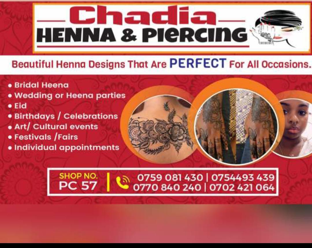 For beautiful henna designs that are perfect for all occasions like  ;
#BridalHeena, 
#wedding or #Heenaparties, 
#Birthdaycelebrations , 
#Art/#culturalevents, #Festivals / #Fairs and #individualappointments
Contact CHADIA HENNA AND PIERCING on 0759081430 / 0770840240