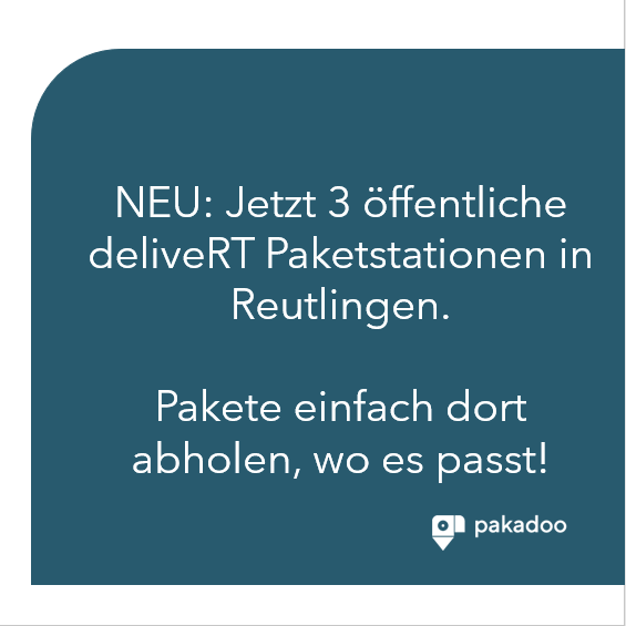 pakadoo_de's tweet photo. Alle registrierten #pakadoo User in #Reutlingen können sich ab sofort ihre Pakete an 3 öffentliche #deliveRT Paketstationen schicken lassen: am Rathaus, am Bahnhof und an der Hochschule.
Beliefert werden diese #CO2neutral von unserem Partner #sMAIL.
Infos  https://t.co/p79MqgnXaB https://t.co/GhF1Ra9xjx