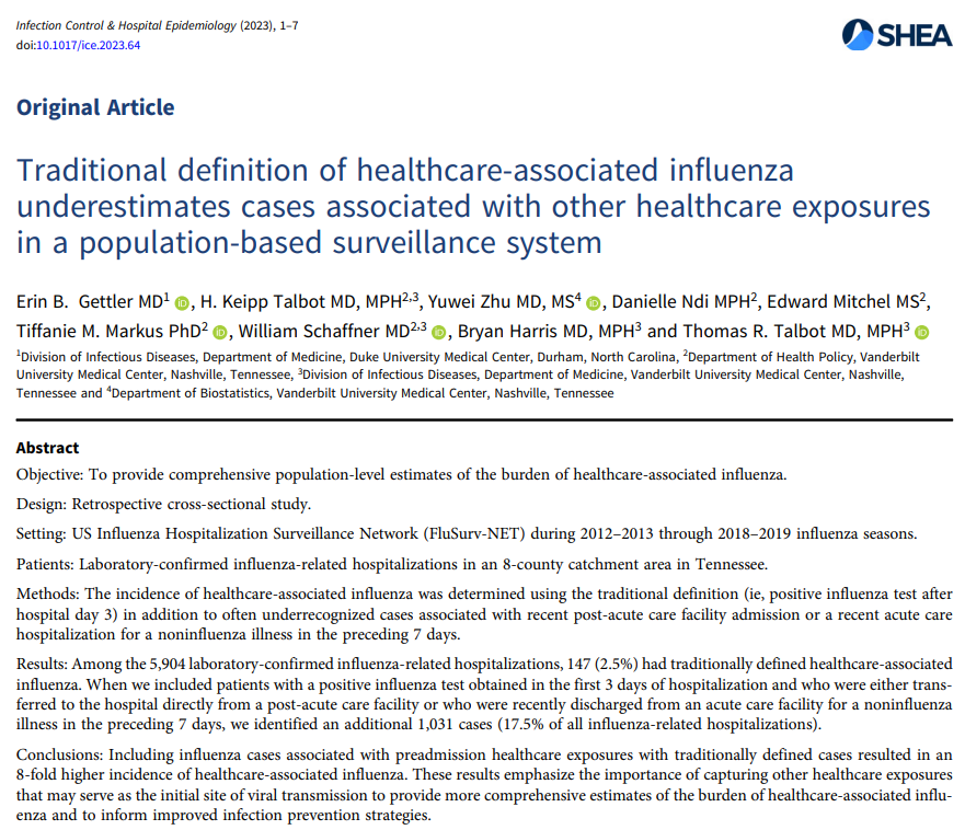 Infection Control & Hospital Epidemiology (@ichejournal) on Twitter photo New from <a href="/GettlerErin/">Erin Gettler</a>, <a href="/trtalbotmd/">Tom Talbot</a>:
➡️ Healthcare-associated influenza hospitalizations are more frequent than previously estimated.
➡️ Improved strategies to detect and prevent nosocomial respiratory virus infections are needed.
📄: doi.org/10.1017/ice.20… New from <a href="/GettlerErin/">Erin Gettler</a>, <a href="/trtalbotmd/">Tom Talbot</a>:
➡️ Healthcare-associated influenza hospitalizations are more frequent than previously estimated.
➡️ Improved strategies to detect and prevent nosocomial respiratory virus infections are needed.
📄: doi.org/10.1017/ice.20…