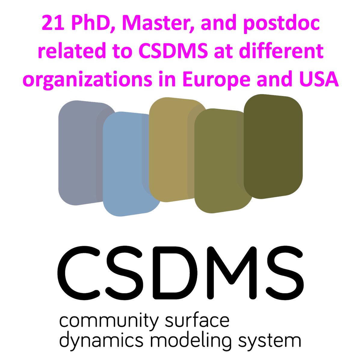 owlindex's tweet photo. 21 PhD, Master, and postdoc,
in modeling of earth surface processes, software modules, and the flux (are added to Owlindex.
Find them here by searching “CSDMS”: https://t.co/H1zOrRvr6Z
#Owlindex #phd #opportunities #phdposition #research #openings #postdoc #CSDMS #modeling https://t.co/XfKx46xqdb