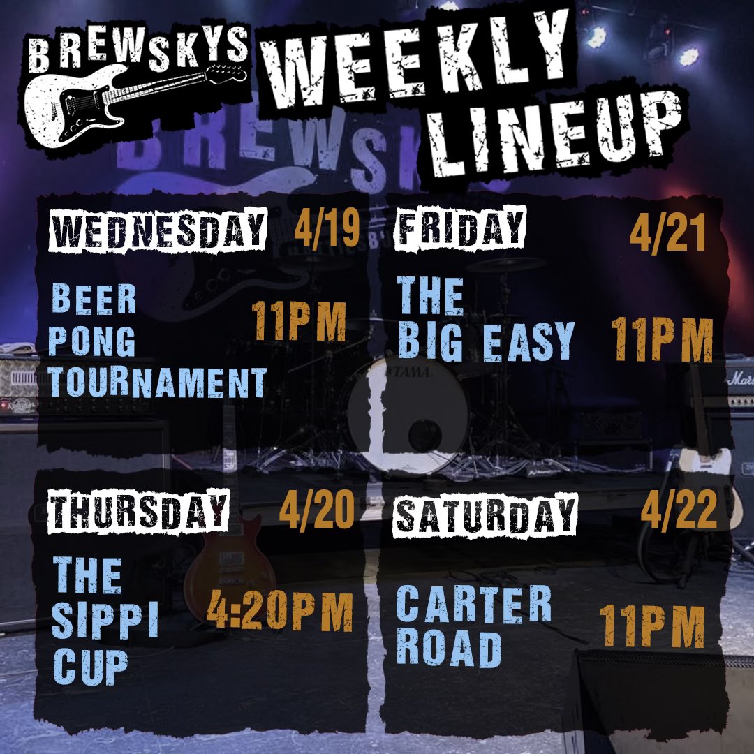 BrewskysHatti's tweet photo. Great week at Brews!!
—Wednesday-Wing Wednesday &amp; Pitcher Night!
—Thursday @4:20- The SIPPI Cup
—Friday @11- The Big Easy
—Saturday @11- Carter Road https://t.co/7cXn9FGVm6