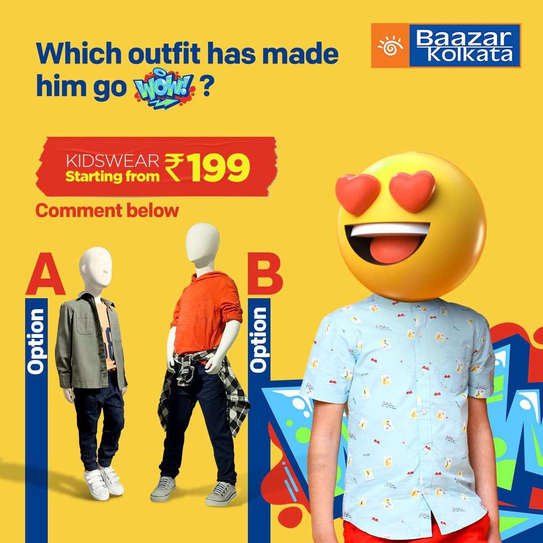 BaazarKolkata's tweet photo. Comment below the option that you will choose for your kid! 😄
#BaazarKolkata #shopaholic #shoppingisfun #kidswear #kidsfashion #kidsfashiontrends #kidsdress #stylishoutfit #kidsweardaily #shoppingdiscount #shoooingsale_newseason #shoppingindia #shoptoday #fashioncollection https://t.co/QTDIyXcV5D
