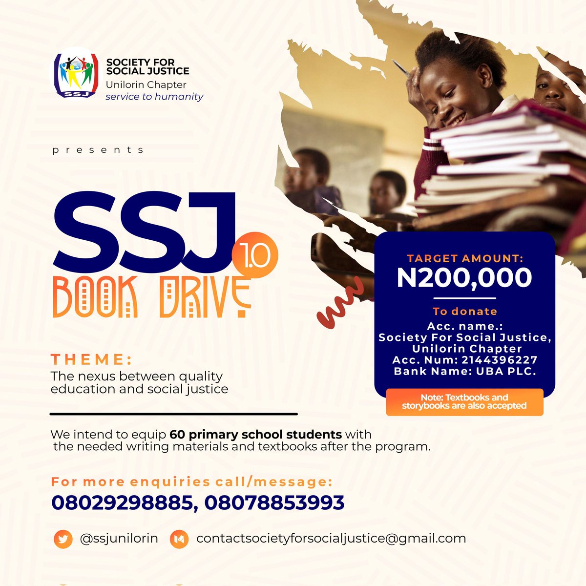 ssjunilorin's tweet photo. “Give a child a book and you grow the world”

While Education is important, education resources are equally important too
It is in this regard that the SSJ set to organize a Book Drive project themed NEXUS BETWEEN QUALITY EDUCATION AND SOCIAL JUSTICE https://t.co/GC902OcLvx