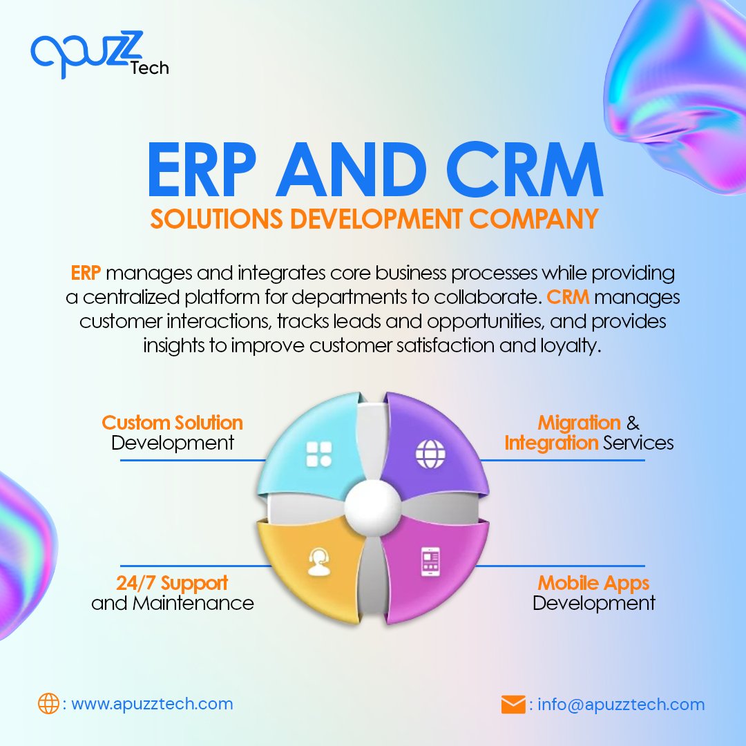 ApuzzTech's tweet image. Is your business struggling to manage core processes and customer interactions? Let Apuzztech help!

Our 𝐄𝐑𝐏 𝐚𝐧𝐝 𝐂𝐑𝐌 solutions provide a centralized platform for departments to collaborate and improve customer satisfaction and loyalty.

#ERP #CRM #apuzztech #mobileapps