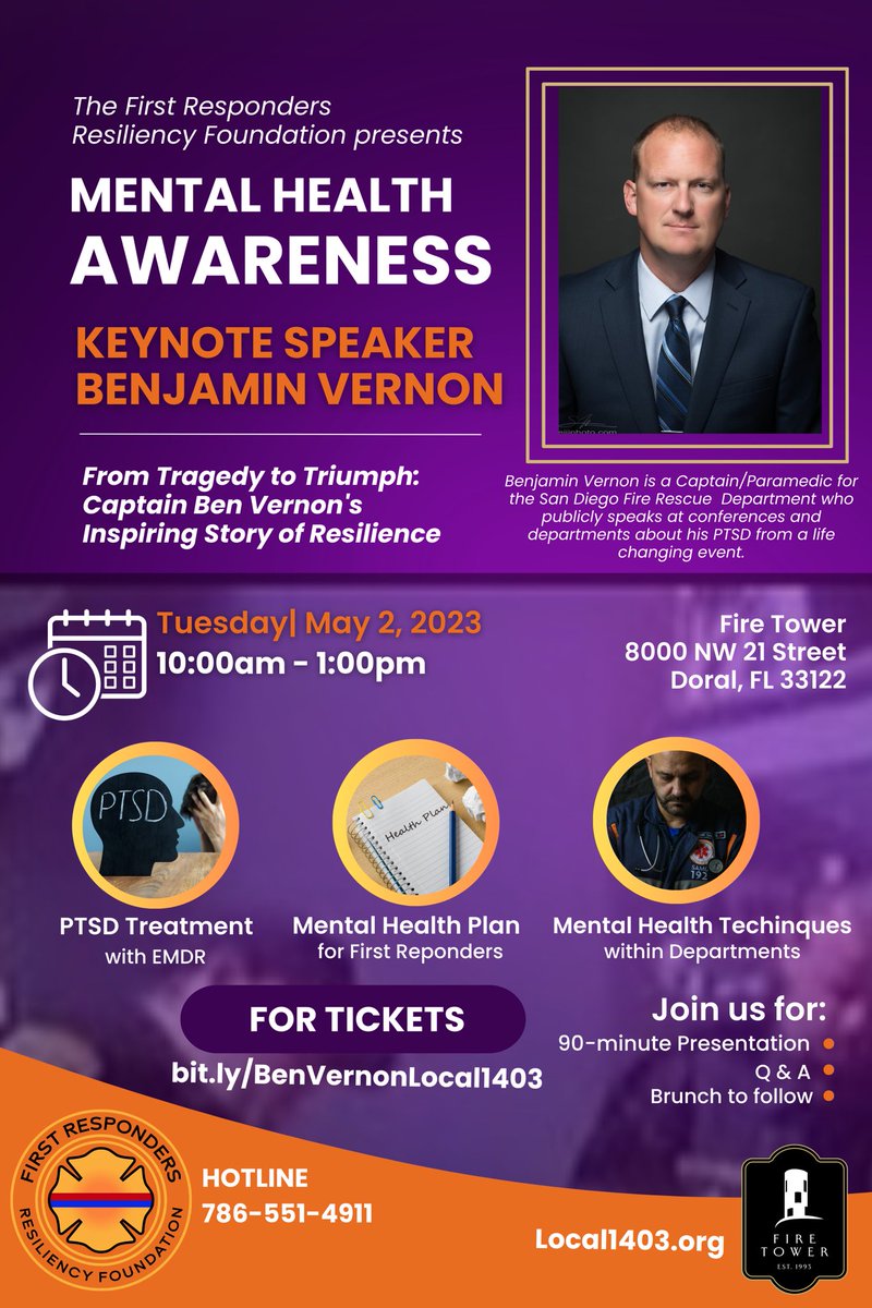 Join the #FirstRespondersResiliency Foundation on May 2nd for 'From Tragedy to Triumph', a powerful story of resilience by Captain Ben Vernon. Let's raise mental health awareness for our first responders! #Resilience #MentalHealthAwareness #FirstResponders