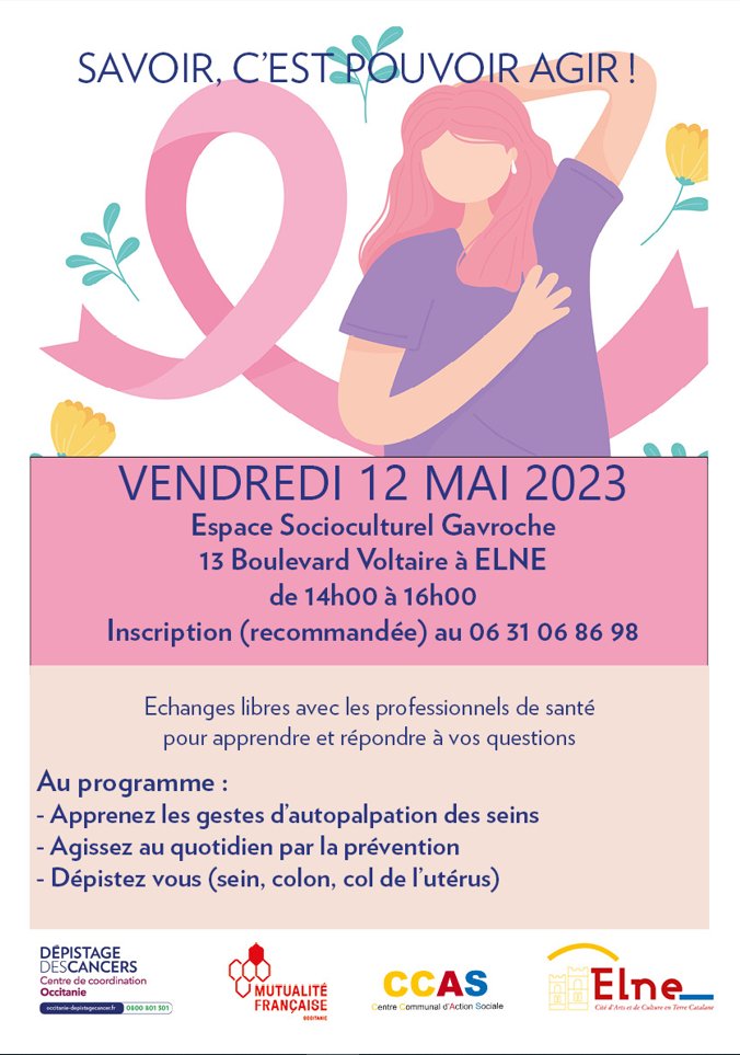 MutOccitanie's tweet photo. 🎗️RDV VENDREDI 12 MAI à Elne #PO pour une après-midi autour de la #prévention (14h/16h)
La @MutOccitanie se mobilise avec le @CRCDCoccitanie !! Au programme : 
👉Apprenez les gestes d'autopalpation des seins 
👉Rappel prévention 
👉Parlons dépistage ! 
@MallorieFerrec @evejaumes https://t.co/V40Bd6kWpt