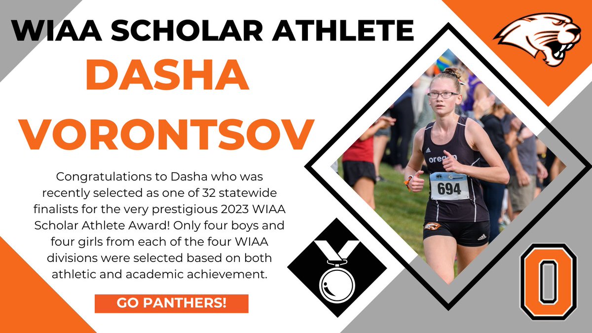 OregonPanthers's tweet photo. Congratulations to Dasha Vorontsov who was recently selected as one of 32 statewide finalists for the very prestigious 2023 WIAA Scholar Athlete Award! We are so proud of you and can't wait for you to be honored on May 7. 🧡🖤 @wiaawi @OHSTrackField @OHSGirlsXC @OregonSchools https://t.co/pwltL0oVqv
