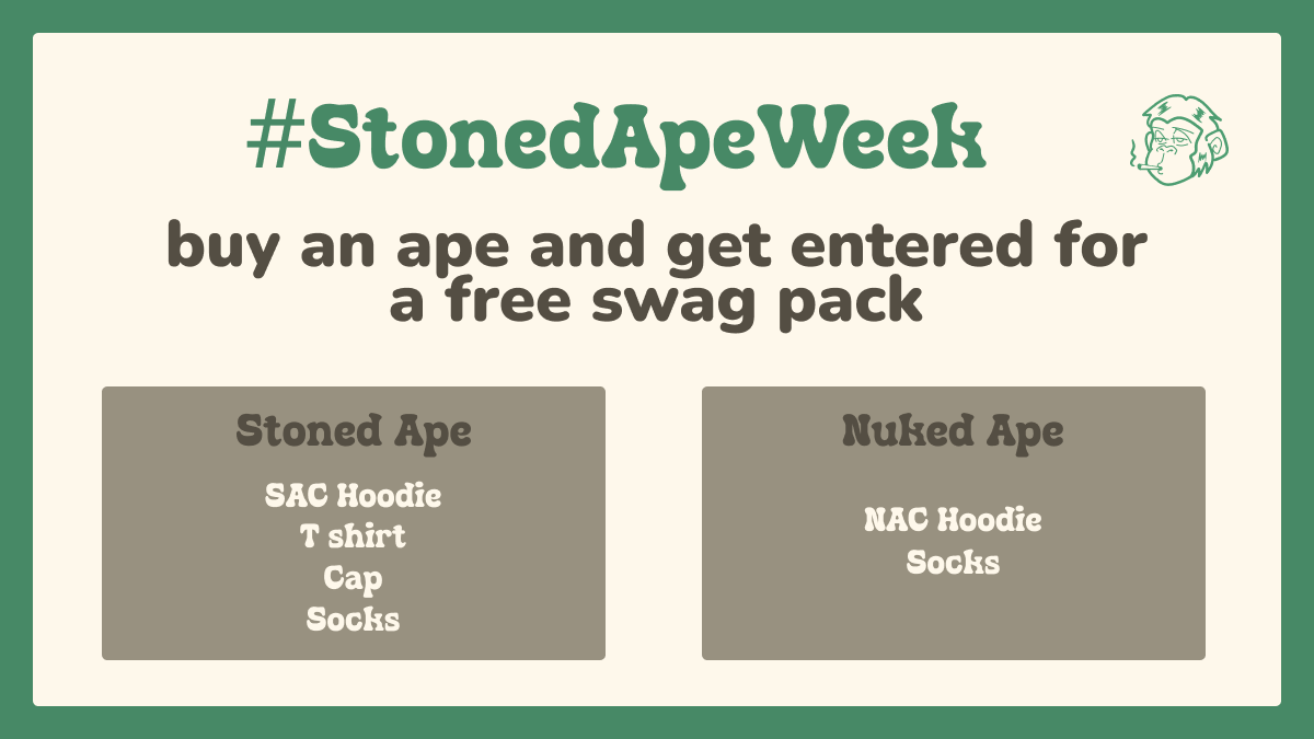 StonedApeCrew's tweet photo. From now till end of the week Apr 23rd, buy a Stoned Ape or Nuked Ape and get entered into a draw for a free swag pack  

🎫One ape purchased, one entry  
🤖Auto entered to the draw 
🎁 3x Winners for each Pack

#StonedApeWeek https://t.co/gsa4Irvghi