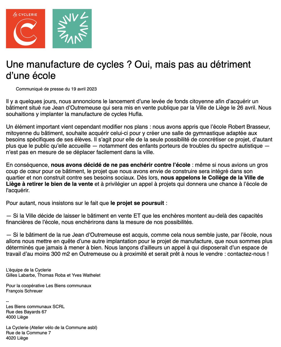 Une manufacture de cycles ? Oui, mais pas au détriment d’une école. Notre communiqué.
#Outremeuse 
cc <a href="/Willy_Demeyer/">Willy Demeyer</a> <a href="/chrisdefraigne/">Christine Defraigne</a>