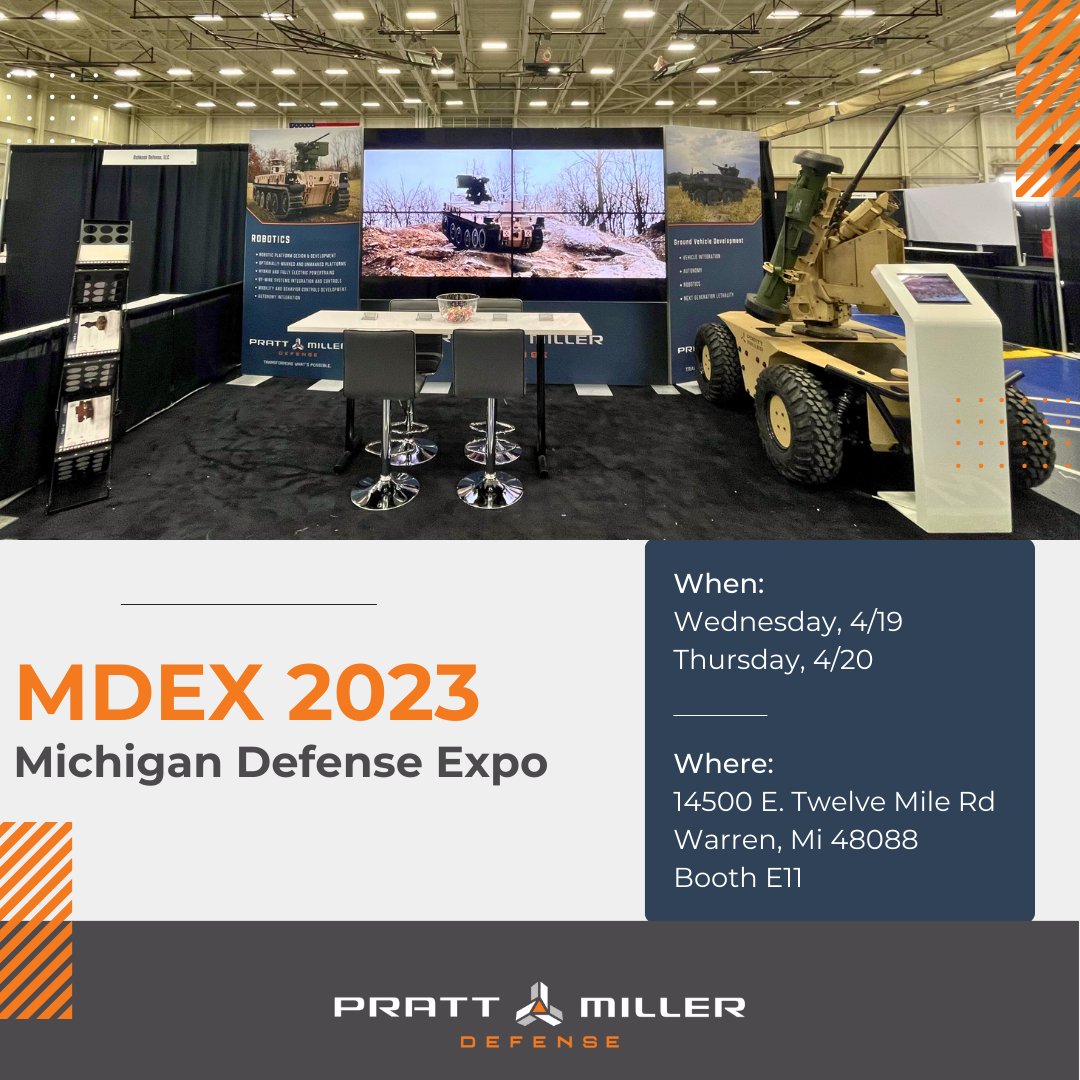 PrattMiller's tweet photo. Stop by the Michigan Defense Expo today and tomorrow to chat with our team about all things Defense.
#PrattMiller #TransformingWhatsPossible #Defense #NDIA #NDIAMichigan #MDEX2023 #MDEX https://t.co/UzWauNOIOX