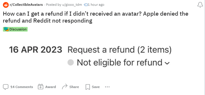 JackDaniel8008's tweet photo. Hey @Reddit, it's been almost a week and people are still waiting on refunds for unminted avatars 

Tweeting for visibility because I'm seeing stories and getting DMs of people just being totally ignored https://t.co/egOmP9GK36