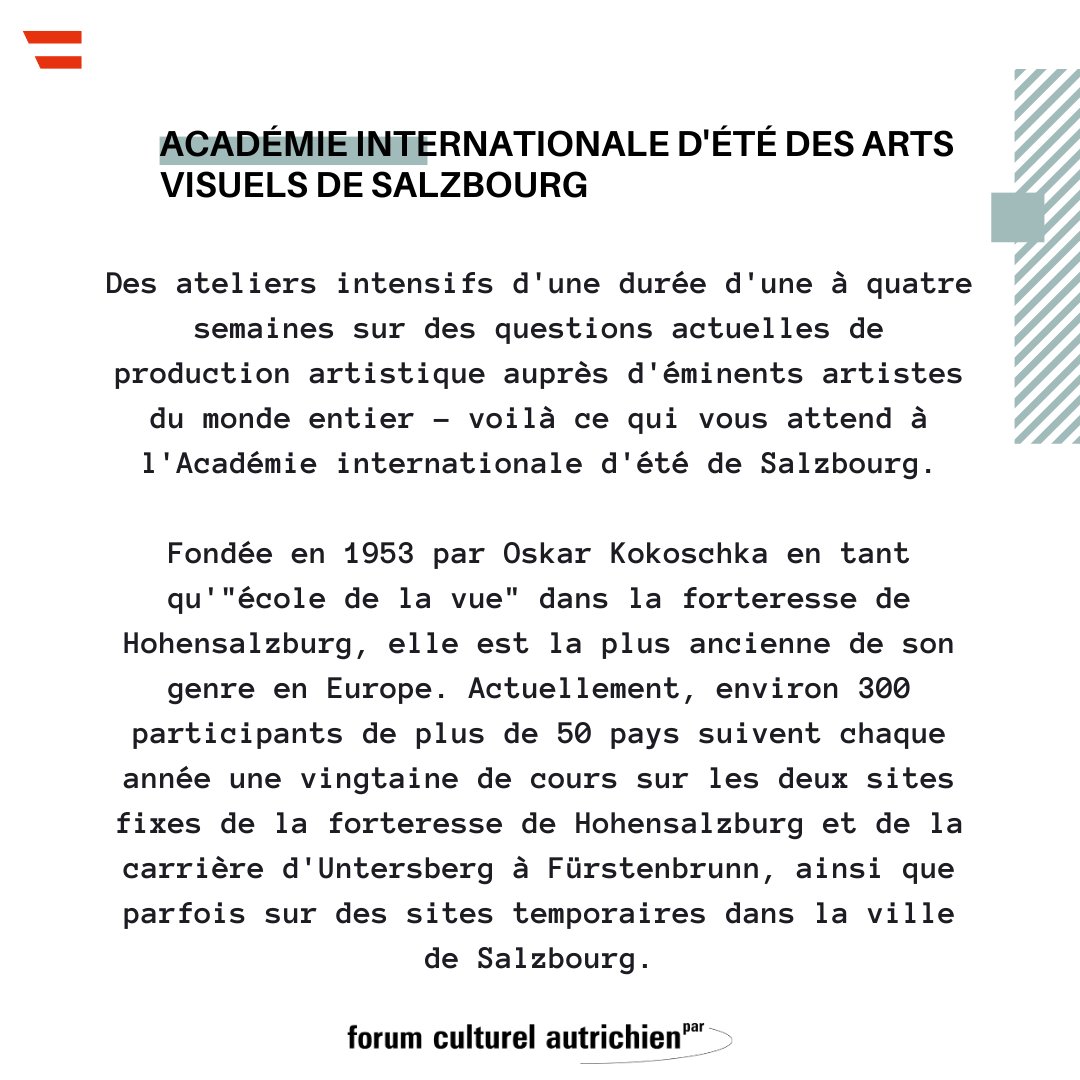 𝐎𝐮𝐯𝐞𝐫𝐭 𝐚𝐮𝐱 𝐜𝐚𝐧𝐝𝐢𝐝𝐚𝐭𝐮𝐫𝐞𝐬

L'Académie internationale d'été des arts visuels de Salzbourg propose des bourses d'études pour l'édition de 2023 ! 

Ouvert aux candidatures françaises ! 🇨🇵✨

#art #artist #bourse #appelauxartistes #appelacandidature #artvisuel