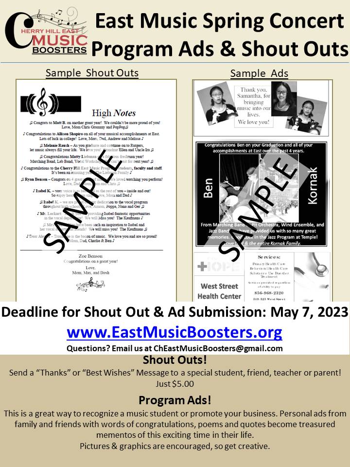 👏 Get your Shout Outs & Ads for the East Music 2023 Spring Concert Program! 1 Program for all 3 concerts Send a “Thanks” or “Best Wishes” to a special student, friend, teacher or parent! Recognize a music student or promote your business. Details: EastMusicBoosters.org