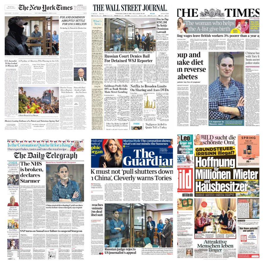 cdriebusch's tweet photo. Newspapers around the world are in agreement: We stand with wrongfully detained journalist Evan Gershkovich. #istandwithevan https://t.co/pTAV4j6ilV