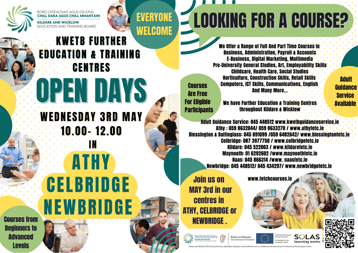 CelbridgeFETC's tweet photo. 2 weeks to Kildare Further Education Open Information Day. JOIN US. 
Working and want to upskill? Looking for employment &amp; want to upskill?
P/T  &amp;  F/T courses available
Wednesday 3rd May 10.00-12.00
@KWETB @SOLASFET @FETRC_DCU @FETColleges_IE @KWETBAliss @Thisisfet @DeptofFHed https://t.co/N76gaQHCbW