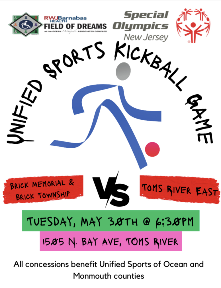 Kickball Match! 🐴s &amp; 🐉s take on the Raiders of Toms River East @ The Field of Dreams! 6:30 PM! Be there! Be LOUD! Check out the image for details! Retweet please &amp; #playUNIFIED! <a href="/Brick_K12/">Brick Township Public Schools</a> <a href="/BrickMemorialHS/">Mustangs</a> <a href="/BTHSDragons/">BTHS</a> <a href="/BTUnifiedSports/">@BTHSUnifiedSports</a> <a href="/VMMSMustangs/">Veterans Memorial Middle School</a> <a href="/SONewJersey/">Special Olympics NJ</a>