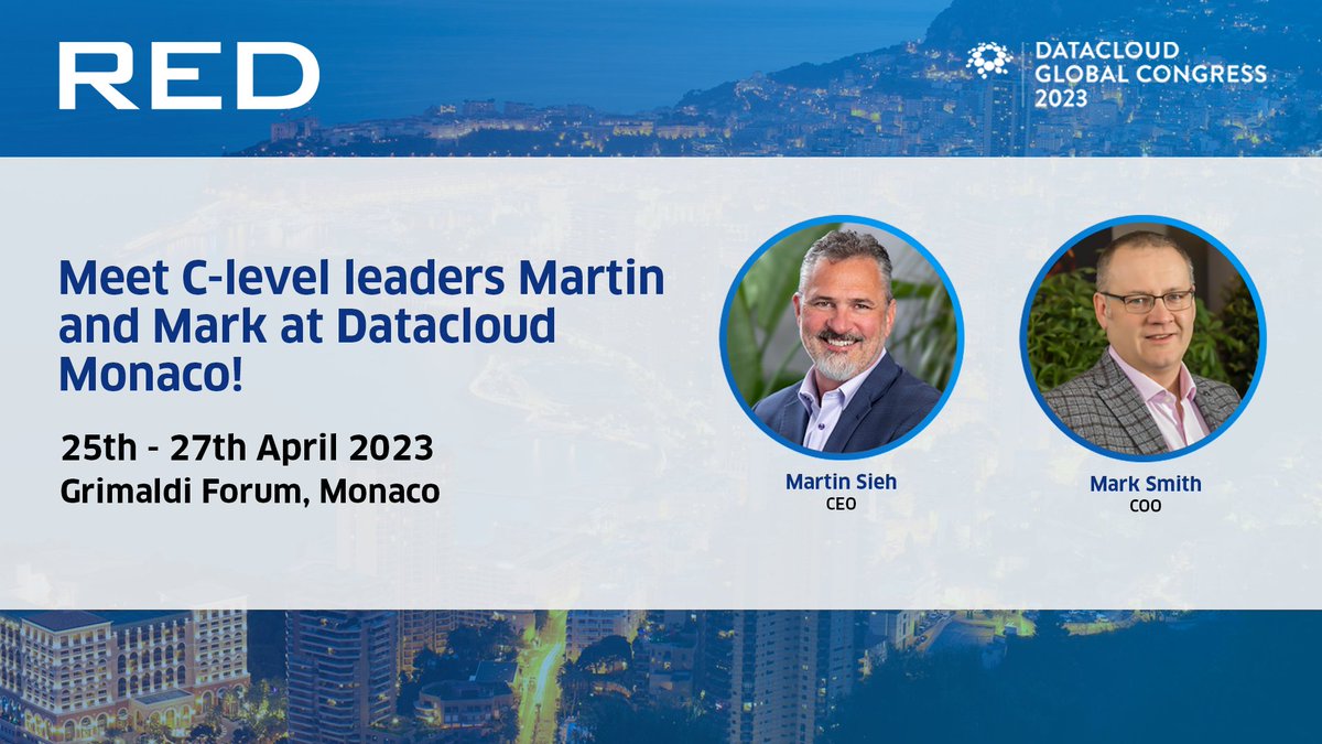 Meet C-level leaders from #TeamRED at Datacloud #Monaco!

Martin Sieh (CEO) and Mark Smith (COO) will be attending from 25-27 April.

Let us know you'd like to arrange a discussion! ⬇
rb.gy/btw8j

#REDAlerts #DatacloudGlobalCongress #DataCentres
