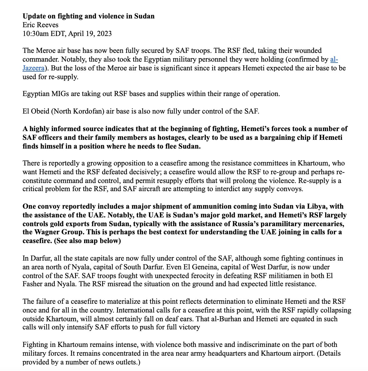 sudanreeves's tweet photo. I offer here an update to yesterday's overview of the military situation in #Sudan, base on all information available to me, as of 10:30 EDT, April 19. Revisions and corrections will be offered as needed. Comments welcome. https://t.co/vqu9idwVFp