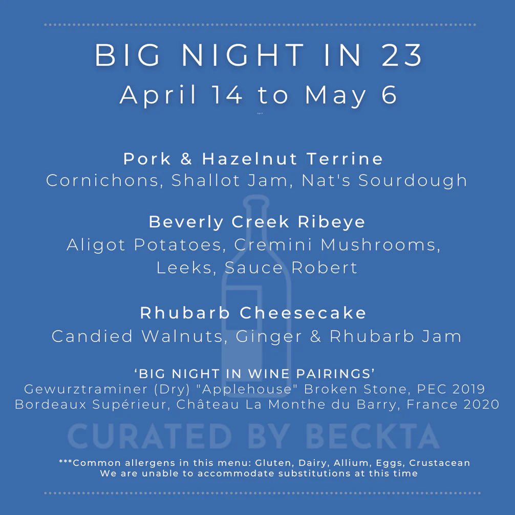 This week’s menus are ready for pre-order! Available Thursday-Saturday this week!

Feature Menu 145
2-course meal starts at $42
3-course meal starts at $50
Dinner for 2 food &amp; wine pkg is $160+HST

BNI 23
3-course meal starts at $75
BNI for 2 food &amp; wine pkg is $200+HST