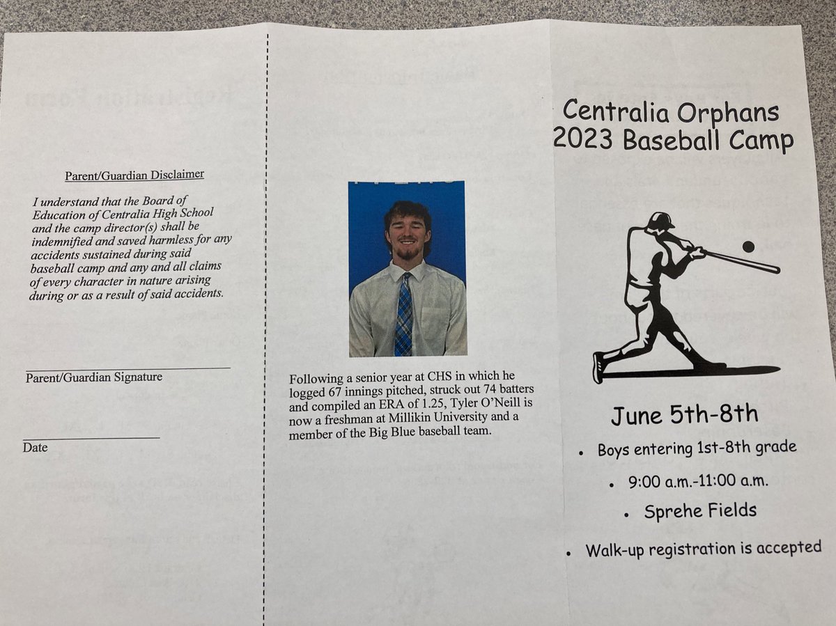 Orphan_Baseball's tweet photo. Orphan Baseball Camp will be June 5th-8th from 9-11 AM this year. Make up day on June 9th. Registration forms will be distributed to area grade schools in the next week or so. Message me if you have any questions. Go Orphans!!! https://t.co/ssrCXPAwf7