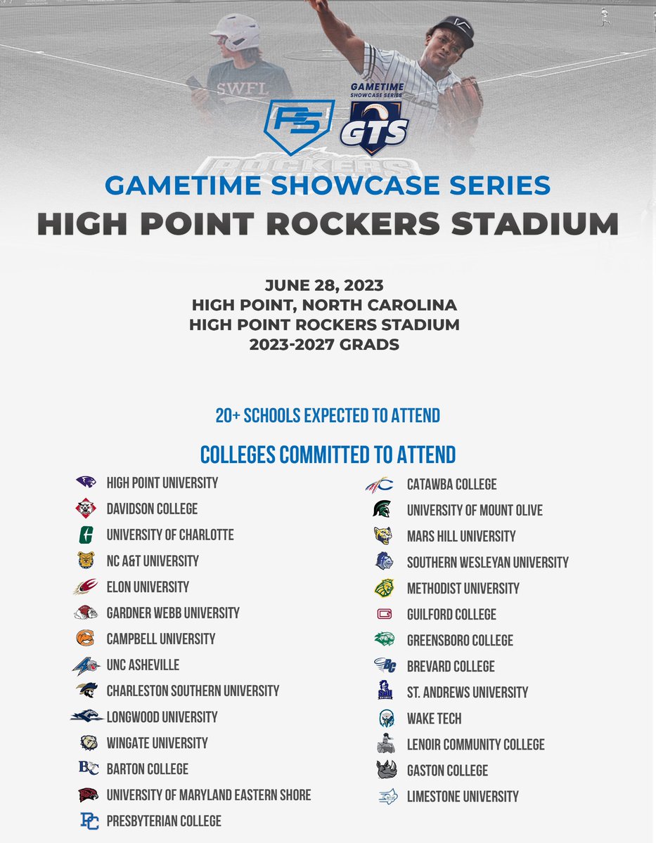 GameTime Showcase Series/Transfer Spotlight Series (@gametimerecruit) on Twitter photo Our June 28th showcase event at High Point Rockers Stadium is right around the corner. Check out the list of schools attending this event. Spots are filling up quickly, use GTS25 at check out!
play.ps-baseball.com/public/events/…
28-2023
<a href="/sox_carolina/">Carolina White Sox</a> Our June 28th showcase event at High Point Rockers Stadium is right around the corner. Check out the list of schools attending this event. Spots are filling up quickly, use GTS25 at check out!
play.ps-baseball.com/public/events/…
28-2023
<a href="/sox_carolina/">Carolina White Sox</a>