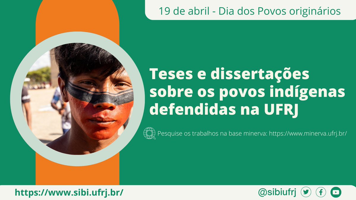 SIBI_UFRJ's tweet photo. 19 de abril - Dia dos Povos originários
Em homenagem ao dia, destacamos 10 trabalhos acadêmicos (Teses e dissertações) defendidos da UFRJ que podem ser acessados e consultados através da base minerva:
#19DeAbril #diadospovosindígenas #sibiufrj #teses #Dissertação https://t.co/W7y4ugCgUe