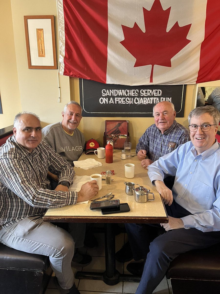 JimWatsonOttawa's tweet photo. Always fun to get together with former colleagues George and @Eli_ElChantiry at one of Ottawa’s great neighbourhood restaurants - Johns. And an added bonus was to have John join us! https://t.co/lhD7i65swe