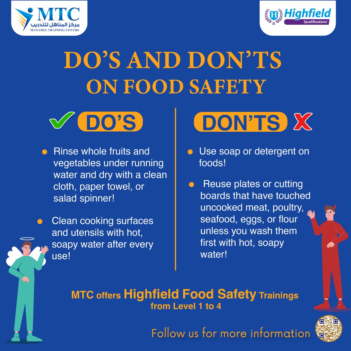 mtc_bah's tweet photo. Do's & Don'ts
MTC offers Highfield Food Safety Training from Level 1-4
#ramadan #worksafe #quiz #quiztime #trivia #bahrainnews #guess #giveaway #safetytips #work #healthandsafety #foodsafety #dailyquiz #contest #puzzle #quizoftheday #quizmaster #safety #safetyfirst #workatheights https://t.co/edxbB1gjqE