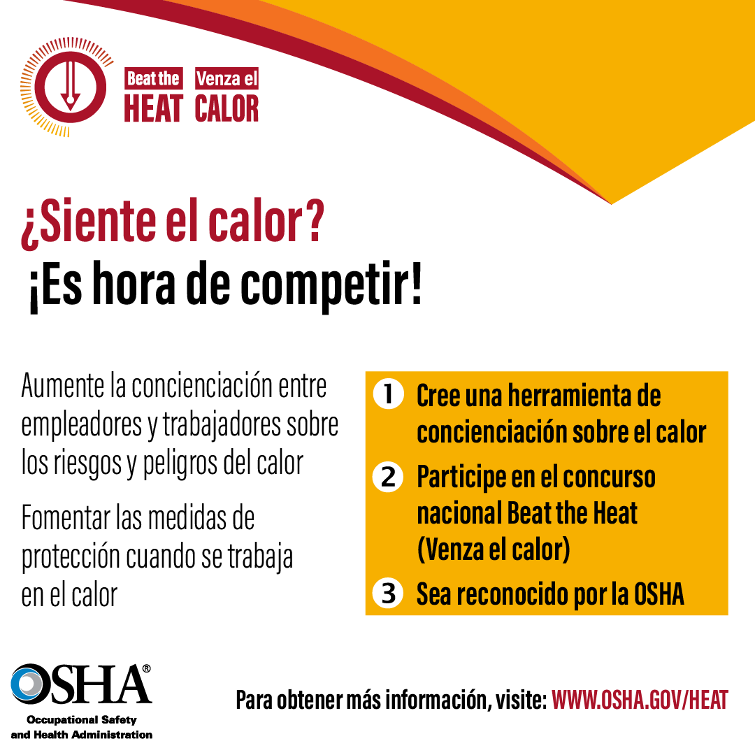 OSHA_DOL's tweet photo. Are you creative?
Are you competitive?

Then it's time to "Beat the Heat" and create a tool to raise awareness about heat hazards in indoor and outdoor workplaces.

Enter the competition here: https://t.co/3LfBeRxH4y https://t.co/fAZvlgrgO0