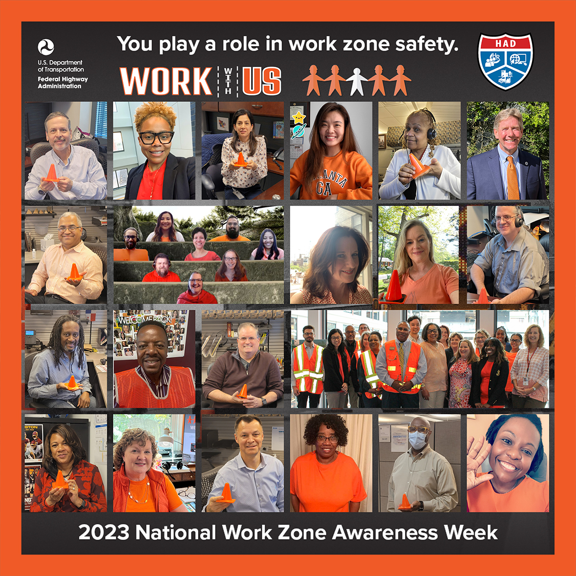 USDOTFHWA's tweet photo. FHWA's Office of Administration is wearing orange today in support of #WorkZone safety. #Orange4Safety #OrangeForSafety #NWZAW #NWZAW2023 #SafeWorkZonesForAll #SafeWorkZones https://t.co/bJuHkdTx6S