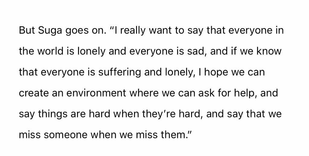 iyoonthv's tweet photo. — Min Yoongi, SUGA, 2018:

“Realmente quiero decir que todos en el mundo están solos y tristes, y si sabemos que todos están sufriendo y solos, espero que podamos crear un entorno en el que podamos pedir ayuda y decir que las cosas son difíciles cuando lo son [+] https://t.co/1m12lgiNGv