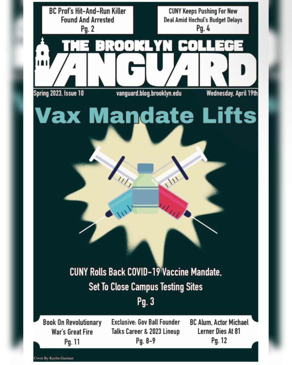 thebcvanguard's tweet photo. Aaand we’re back from spring break for Issue 10! Read about the end of the CUNY vaccine mandate, an exclusive interview with Gov Ball co-founder Jordan Wolowitz, the USG election results, and more! https://t.co/BEKFUjSlWl https://t.co/Vjnfk0sGel