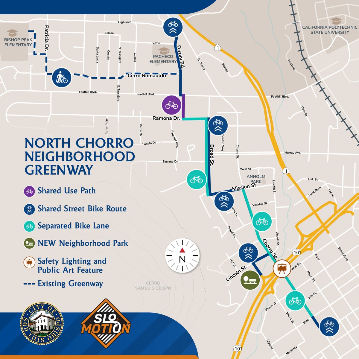 #SLOinMotion construction begins next week on the long-awaited North Chorro Neighborhood Greenway at Foothill Blvd and Ferrini Rd. Once complete in 2024, the greenway will offer a safer, more convenient walking and biking route to schools and downtown SLO. slocity.org/Home/Component…