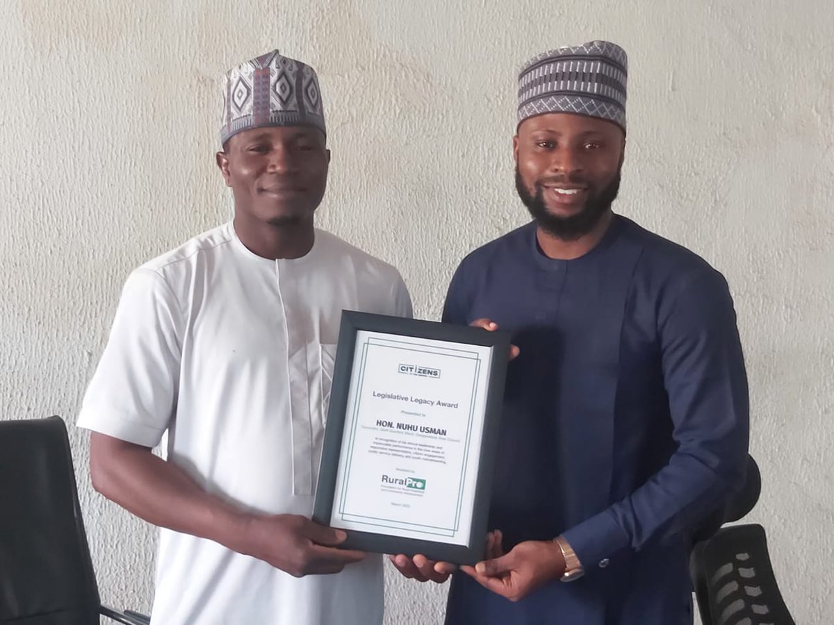 forRuralPro's tweet photo. We are thrilled to announce that Hon. Nuhu Usman, Councilor, Quarters Ward, Gwagwalada Area Council, Abuja has been awarded the Legislative Legacy Award by Foundation for Rural Proletariat and Community Advancement (RuralPro). 

More: https://t.co/dT79a9GMs4

#CitizensAtTheCentre https://t.co/hH8lcvOyui