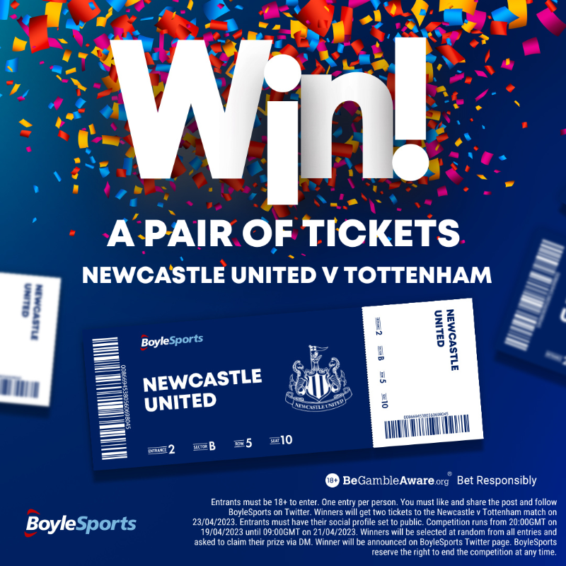 BoyleSports's tweet photo. ⚫⚪ Newcastle United look to extend their advantage in the top four race.

🎟 Win a pair of tickets to @NUFC vs Tottenham at St. James' Park. 

To enter:
✅ Follow @BoyleSports
🔁 RT this post

18+. T&amp;Cs apply