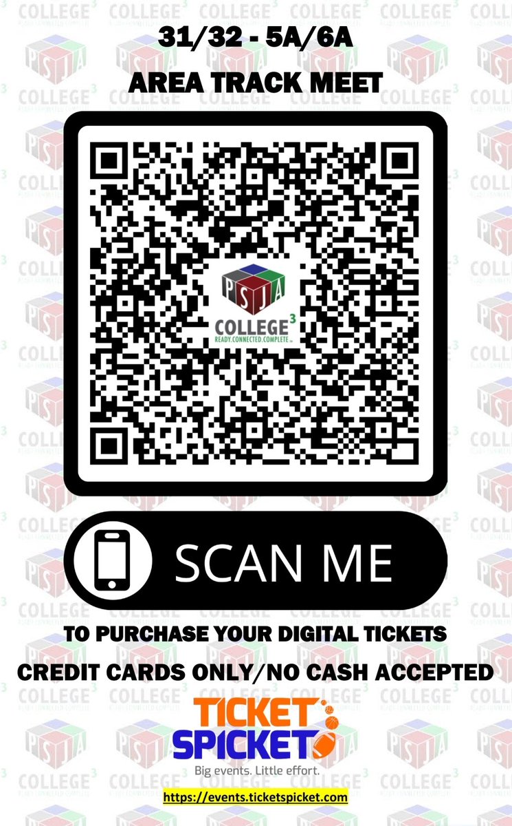 For tomorrow's 31/32-5A/6A Area Championship Showcase Track Meet at PSJA Stadium, no cash will be accepted at the gate. You must purchase a ticket online.  Use this QR code.