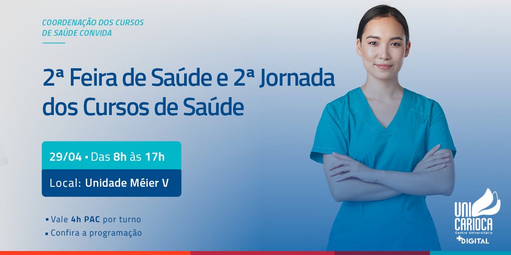 Anota aí!!! 🗓

No dia 29 de abril a Coordenação dos Cursos da área da Saúde, promoverá a
II Feira de Saúde e II Jornada dos cursos da Saúde. 🤩

O evento será PRESENCIAL, na unidade Méier.

Participe!!! 
bit.ly/3Aai3ef