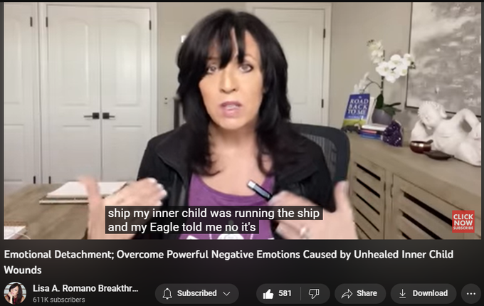 Emotional Detachment; Overcome Powerful Negative Emotions Caused by Unhealed Inner Child Wounds
https://www.youtube.com/watch?v=OTGZn1Ulv8Q
7,308 views  8 Apr 2023  5 Mind Games Narcissists Love to Play
https://www.lisaaromano.com/12wbcp Reparenting Breakthrough Program
https://www.lisaaromano.com/on-demand...
https://adbl.co/2E5tk4C Listen for Free
#emotionalhealing #detachment #codependencyrecovery In this YouTube video on codependency and emotional detachment, you will learn about the power of emotional detachment and how you can use this mental tool to overcome powerful negative emotions caused by unhealed inner child wounds. 

Emotional health improves when we learn to live in a state of nonresistance to what we cannot control. However, when we are codependent, we are suffering from unhealed wounds associated with childhood trauma and emotional neglect. Deep within the subconscious mind are faulty beliefs that are anchored within the fabric of our psyches. These anchors run our li