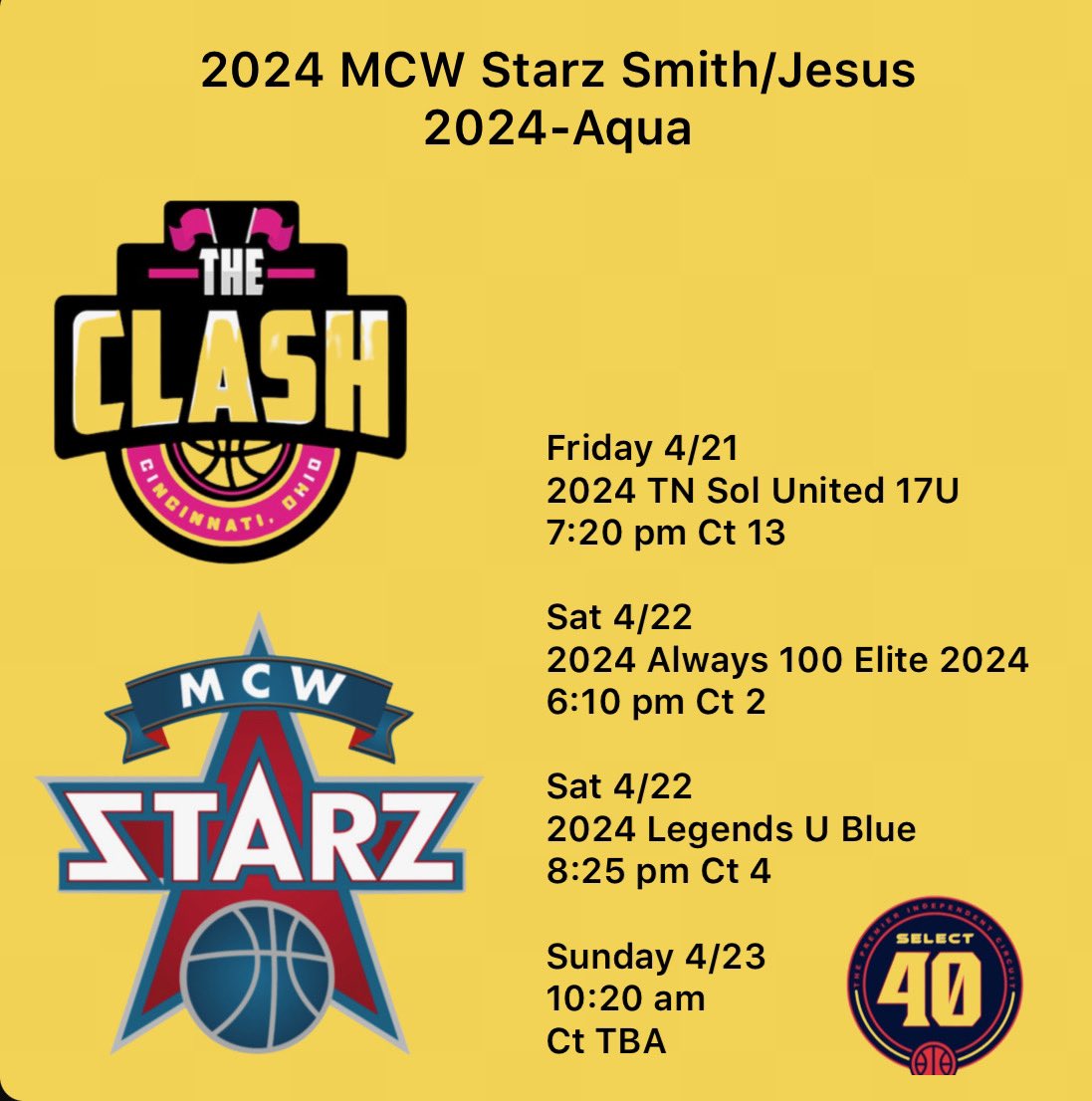 alagor13's tweet photo. Schedule for the Select 40 Clash on 4/21, 4/22, and 4/23 in Ohio!! Come check my  team and I out ⭐️⭐️ https://t.co/Da4A6M81ry
