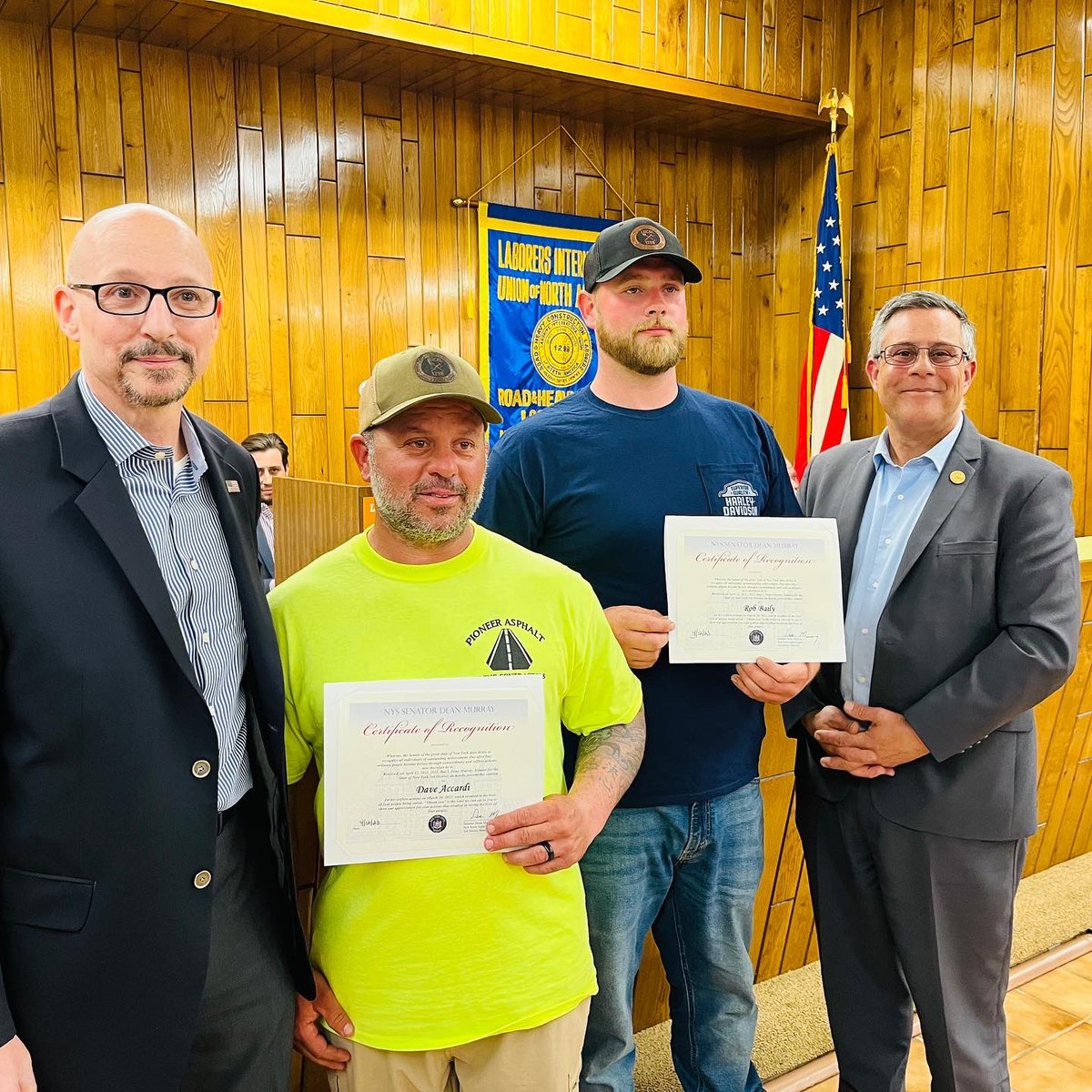 NYSLOF's tweet photo. Laborers don’t just build New York, they protect it, too!
Earlier this month, 2 Laborers’ #Local1298 members – Robert Bailey and David Accardi – saved four residents from a house fire on Brightwood Street in Patchogue, Long Island. https://t.co/53Hi9caS1b