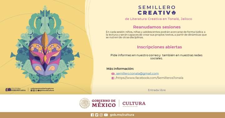 SemilleroEn's tweet photo. INSCRIPCIONES ABIERTAS

17 AL 21 DE ABRIL

Actividad gratuita, mayores informes en: semillero.tonala@gmail.com 

#SomosSemillerosCreativos #CulturaComunitaria https://t.co/VVRKSQT1BE
