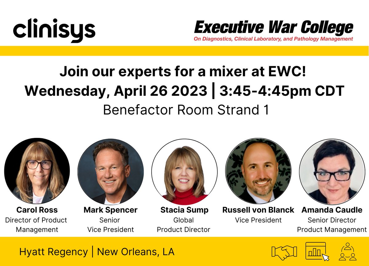 ClinisysGroup's tweet photo. Attending #ExecutiveWarCollege next week? Grab a quintessential NOLA cocktail with the Clinisys Team on Wednesday, April 26 in Benefactor Room Strand 1. Save your spot today! https://t.co/7MENQGUwOK
#TheDarkReport #DarkDaily #EWC2023 https://t.co/mOkPd1cuAX