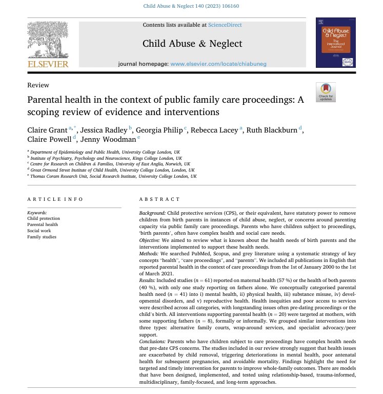 What do we know about the health of parents involved in child protection cases? A scoping review that provides evidence as to ‘why’ these health needs should be supported & a mapping of ‘how’ public services might do this ⬇️ sciencedirect.com/science/articl…