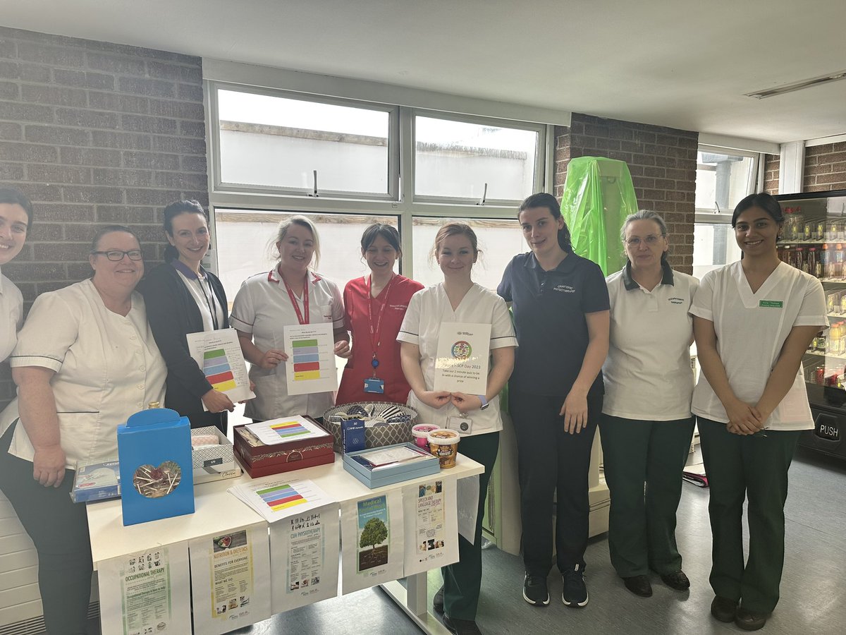 OLearyRachel's tweet photo. A fantastic day celebrating #HSCPDay2023 with our wonderful MDT colleagues in SFH Rehab Unit. Lovely to have SLT and OT students joining the celebrations and spreading awareness. #StrongerTogether #HSCPDeliver @WeHSCPs @iaslt @cuh_hscp @SLT_CUH https://t.co/TPFL1rKuD0