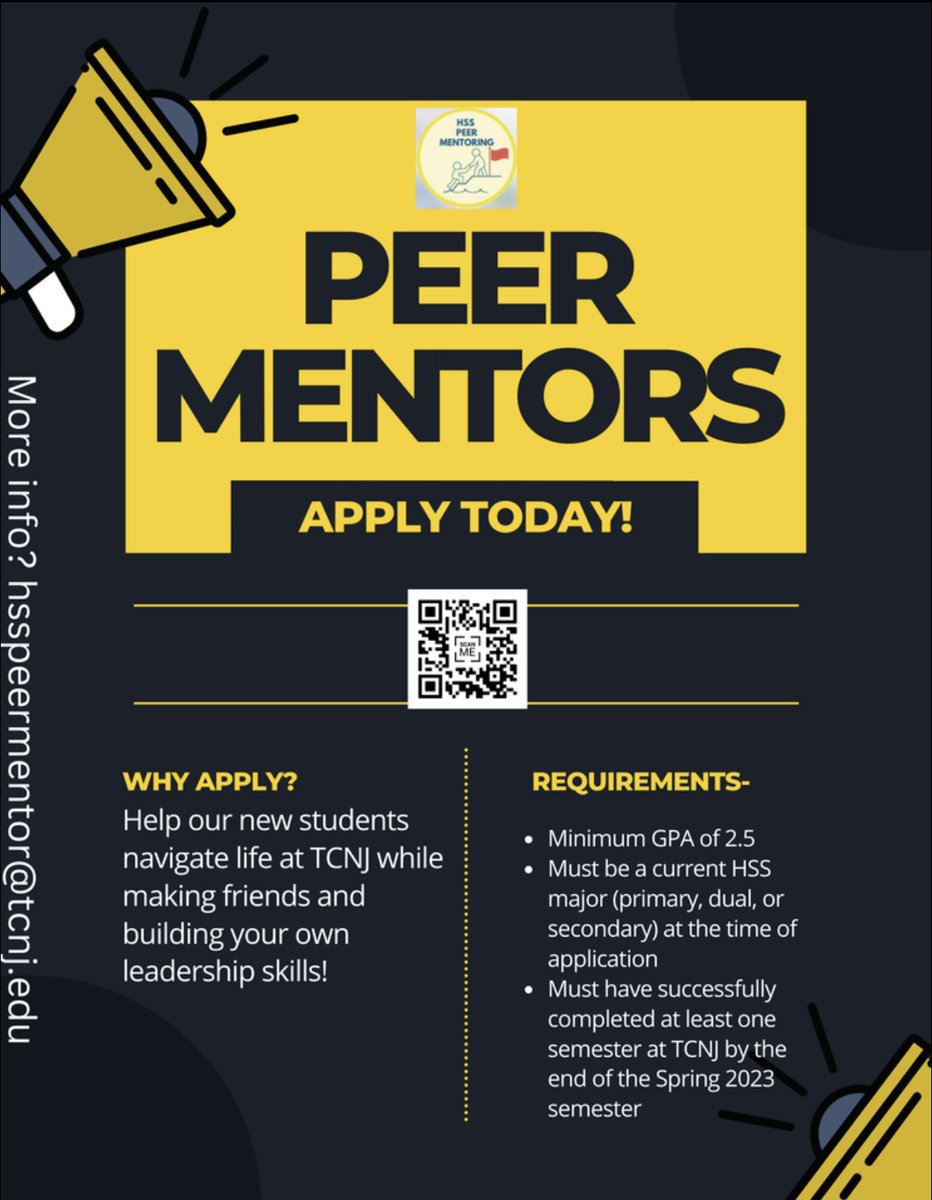 WLCTCNJ's tweet photo. TCNJ’s School of Humanities &amp; Social Sciences is now recruiting Peer Mentors for the upcoming academic year! Consider applying and help spread the word! Link to the application info is listed on the @hsspeermentoring_tcnj bio! #tcnj #tcnjtoday https://t.co/r7nNpG9tE3