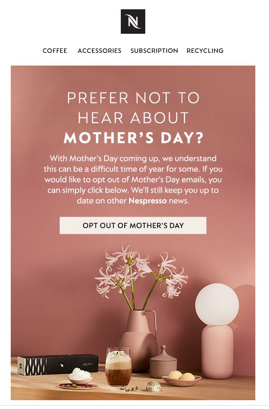 BeatKramer's tweet photo. What are your thoughts about this email I received from #nespresso today? 🤔🤷‍♀️🧐 #nestle #motherday #MothersDay2023 @NespressoUSA https://t.co/aegiFKMxXs