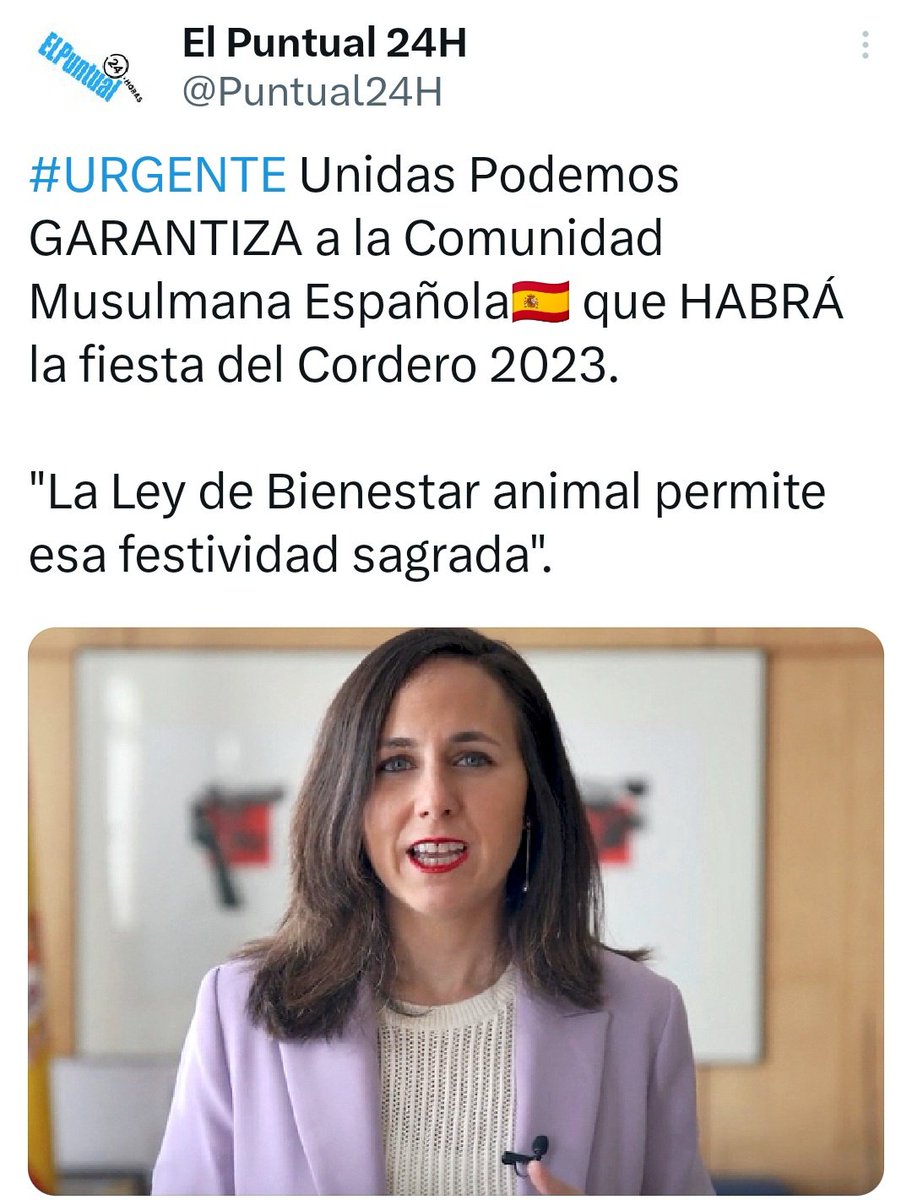 JavierO66080535's tweet photo. ... Podemos garantiza a los musulmanes en España que habrá miles de corderos para ser degollados en las plazas y celebrar su fiesta del cordero... Una procesión con una talla de madera les parece un crimen, matar a miles de corderos les parece bien... Son criminales... https://t.co/oBLuiLBvwU