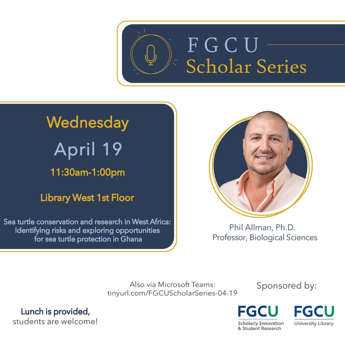 fgculibrary's tweet image. Today is the day! Head over to the Data Visualization Wall area to take part in Dr. Allman’s discussion on West African sea turtle conservation. And as always, lunch is on us! 

#library #fgculibrary #scholarseries #fgcu