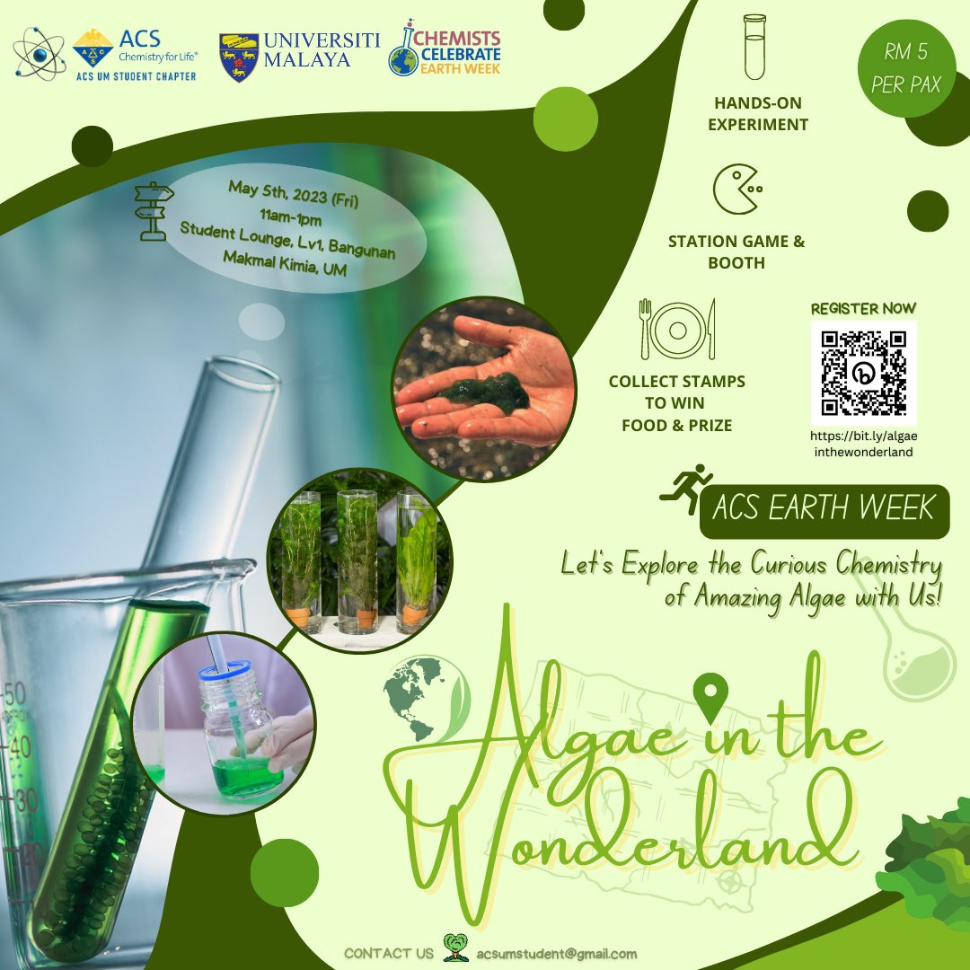 um_acs's tweet photo. ‘Algae in the Wonderland’! 

Date: 5th May 2023, Friday
Time:11:00 am - 1:00 pm
Venue : Student Lounge, Level 1, Bangunan Makmal Kimia, Universiti Malaya

Registration link: https://t.co/Ukhiiw8nBU 

#ChemistsCelebrateEarthWeek
#EarthDay2023 
#GreenChemistry
#CCEW
#acsundergrad https://t.co/IW4TcdoBbj